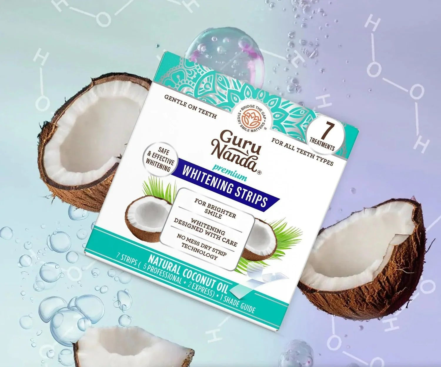 Guru Nanda whitening strips packaging with coconuts and water droplets on a light blue background